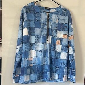 Chicme Woman Blue white art color block zipper front long sleeve L Blouse